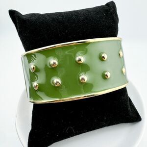 Vintage Green Enamel Cuff Bracelet Reversible Gold-Tone Studs Retro Glam Dots